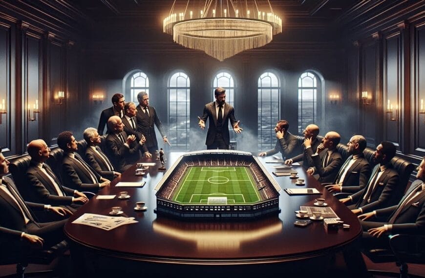 A group of men in suits seated around a large table with a football pitch design, engaged in a strategic discussion about controversial choices for football clubs in a dimly lit room.