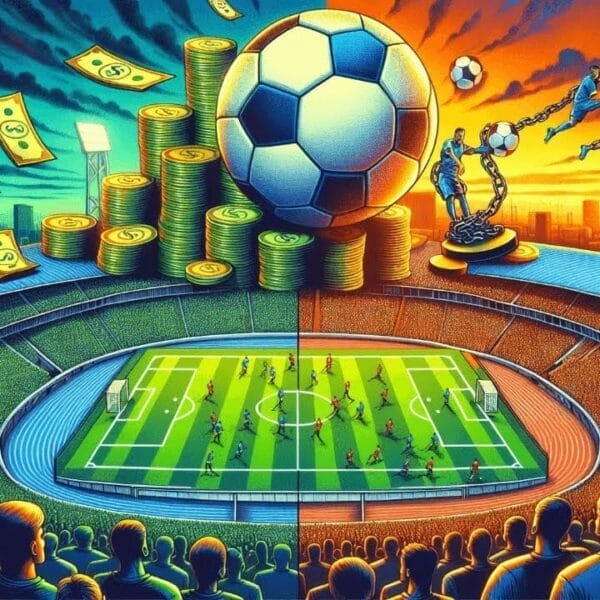 Illustration depicting a stadium showing a soccer match, with a large soccer ball balanced on top. The background shows stacks of coins and chains of money, highlighting the financial aspect influenced by FIFA rules in maintaining competitive balance.