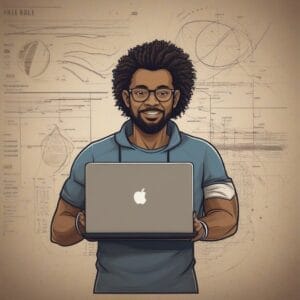 Illustration of a smiling man with glasses holding a laptop against a backdrop of sports insights and technical drawings.