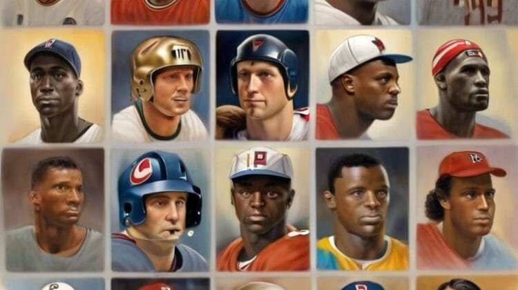 A grid of 20 illustrated portraits depicting diverse male baseball heroes, each wearing different team caps.