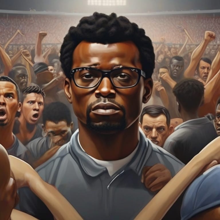 Digital illustration of a black man with glasses standing in front of a crowd -- rise of sports provocateurs with raised fists.