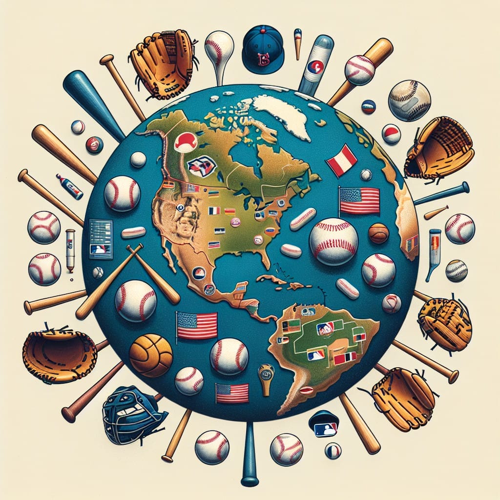 Illustration of a globe stylized as an MLB international growth baseball field with equipment and U.S. icons, emphasizing North America's international growth.