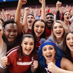 A group of enthusiastic sports fans cheering at a sports event.