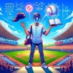 A person stands on a stadium podium, holding a book and a baseball, with various sports-related mathematical equations and symbols displayed above them. The stadium is full of spectators, highlighting the importance of staying updated in MLB to avoid misinformation in baseball.