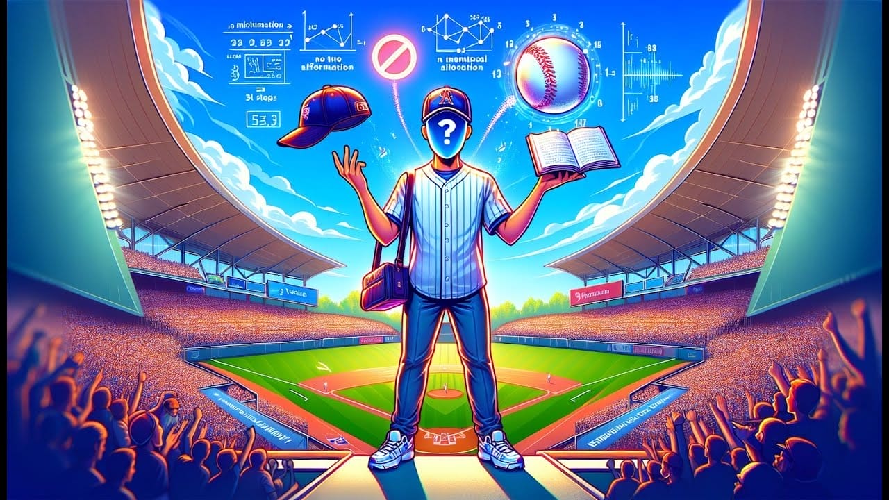 A person stands on a stadium podium, holding a book and a baseball, with various sports-related mathematical equations and symbols displayed above them. The stadium is full of spectators, highlighting the importance of staying updated in MLB to avoid misinformation in baseball.