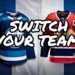 Two hockey jerseys on display with the text "SWITCH YOUR TEAM" overlaid. On the left is a blue jersey, and on the right is a red and black jersey. Discover your new favorite with our NHL FANDOM team makeover guide.