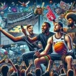 Four NBA fanatics enthusiastically watch a basketball game on a large screen, surrounded by basketball-themed drawings and objects. The vibrant scene includes various basketball memorabilia and digital devices.