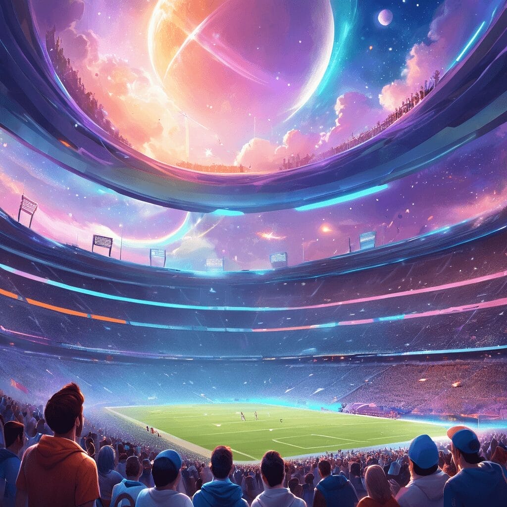 A futuristic stadium filled with sports fandom, watching a game, with a large, vibrant alien planet visible in the sky above.