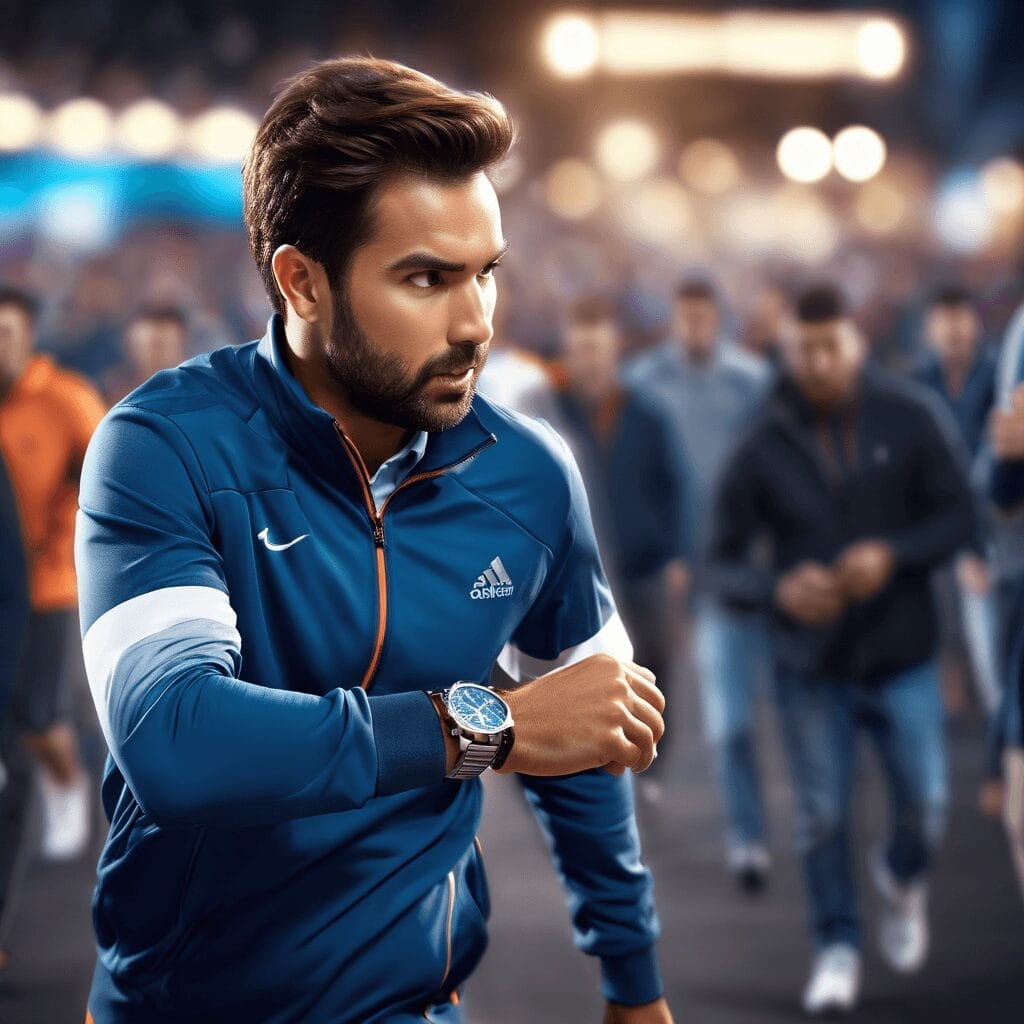 A sports hater in athletic wear looks to his left while jogging in a crowded area. He is wearing a blue and white tracksuit and a wristwatch. The background is blurred with other individuals.