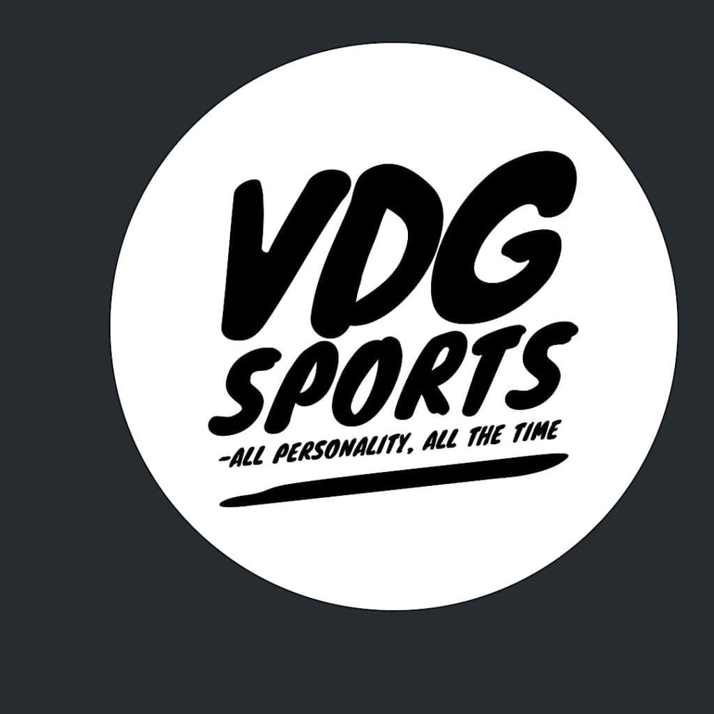 Logo with &quot;VDG Sports - All Personality, All the Time&quot; in bold black letters on a white circle, capturing the excitement of MLB baseball opening day.