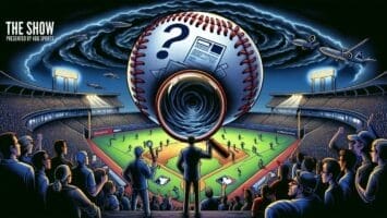 An illustration of a baseball stadium viewed from the stands at night during the MLB World Series. In the sky, a giant baseball with a question mark, newspaper, and eye dominates the scene. Planes circle around it as spectators hold mobile devices, capturing this unique event.
