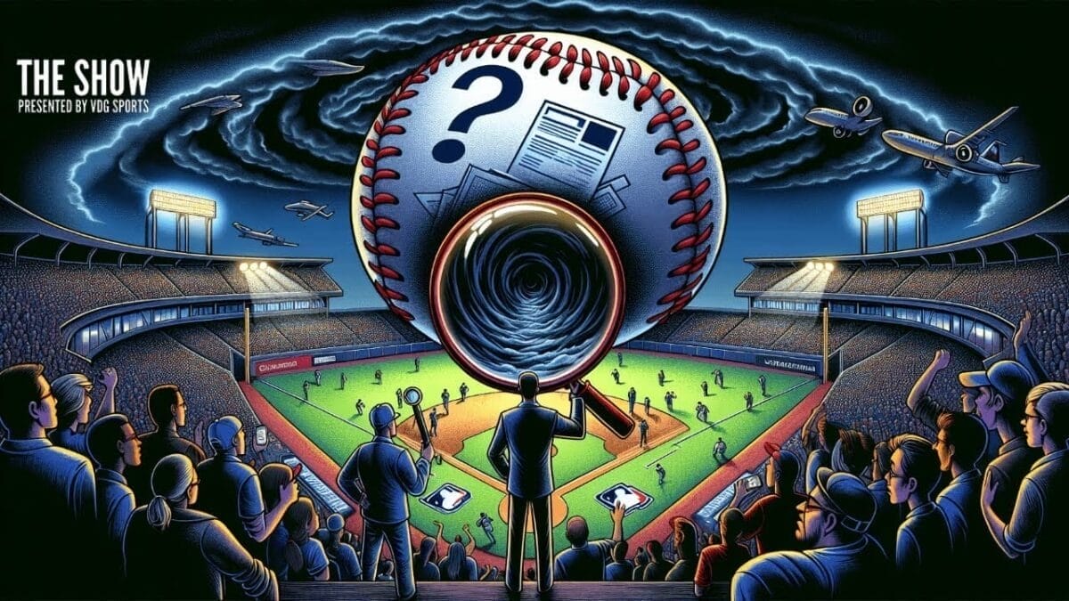 An illustration of a baseball stadium viewed from the stands at night during the MLB World Series. In the sky, a giant baseball with a question mark, newspaper, and eye dominates the scene. Planes circle around it as spectators hold mobile devices, capturing this unique event.