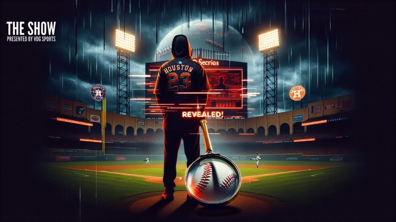A shadowed baseball player in a Houston jersey stands on a rainy stadium field at night, facing a lit scoreboard with "Revealed!" in red. A magnified baseball appears in the foreground. Logos and a “The Show” title are visible.