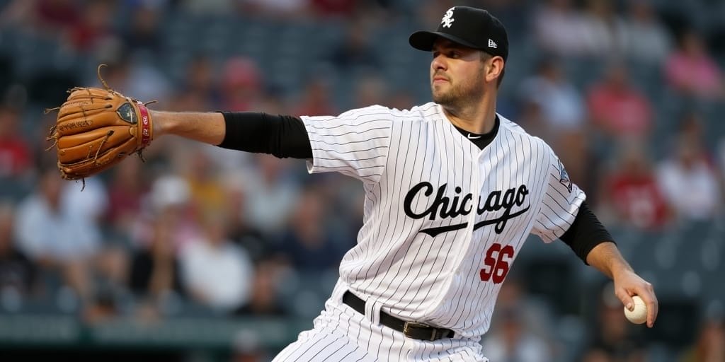 A baseball player in a white pinstripe uniform with "Chicago" on the chest and number 56 is pitching. He is mid-throw, holding a glove in one hand and an MLB ball in the other. The background shows a blurred crowd, capturing the energy that MLB maintains throughout the game.