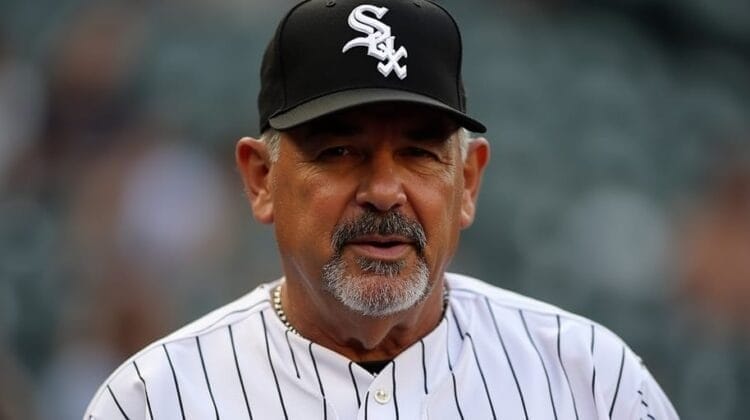 A man with a gray goatee wearing a black Chicago White Sox cap and a white pinstriped MLB jersey stands in a baseball stadium, with out-of-focus seats in the background—a nod to the league's two sets of rules.