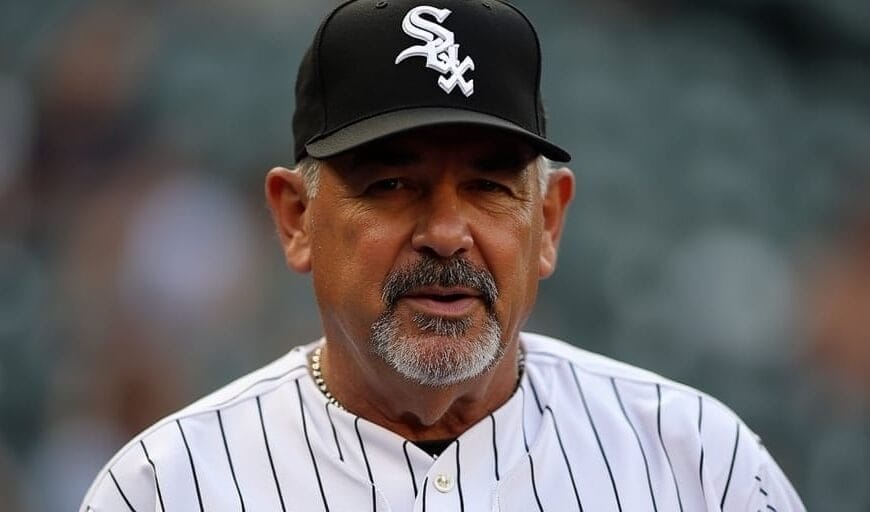 A man with a gray goatee wearing a black Chicago White Sox cap and a white pinstriped MLB jersey stands in a baseball stadium, with out-of-focus seats in the background—a nod to the league's two sets of rules.