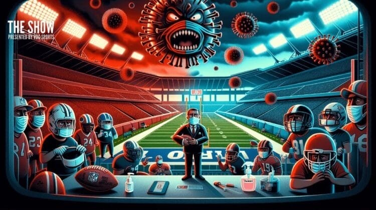 An illustrated NFL stadium scene shows masked players and a coach on the field, surrounded by floating, menacing virus particles. Stadium seats are empty, red and blue lights shine, and medical items like sanitizer and syringes sit on a table in the foreground.