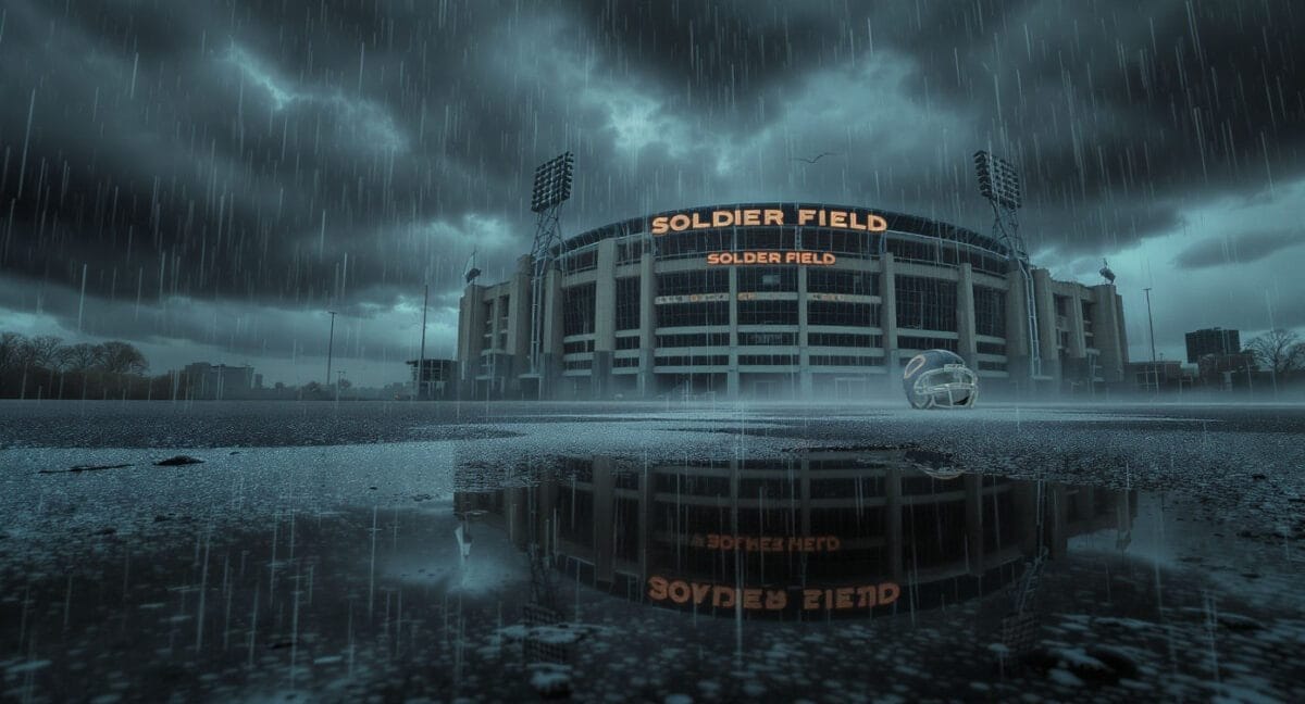 A moody, rainy scene at Soldier Field stadium. Dark storm clouds fill the sky as heavy rain falls, creating puddles near a small chair—perhaps left by a Chicago Bears script writer reflecting on Matt Nagy’s legacy under the glowing “SOLDIER FIELD” sign.