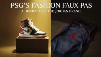 A split image: left side shows a stylish white, red, and black Nike Air Jordan 1 sneaker; right side shows a navy blue Paris Saint-Germain basketball jersey with a red Jumpman logo. Top text reads: "PSG’S FASHION FAUX PAS. A disgrace to the Jordan brand.