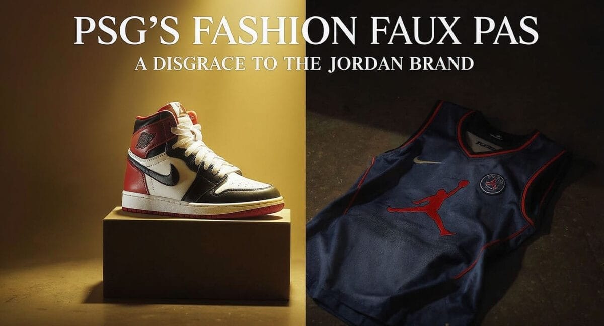 A split image: left side shows a stylish white, red, and black Nike Air Jordan 1 sneaker; right side shows a navy blue Paris Saint-Germain basketball jersey with a red Jumpman logo. Top text reads: "PSG’S FASHION FAUX PAS. A disgrace to the Jordan brand.