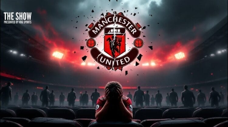 A person in a Manchester United jersey sits in a stadium with their head in their hands, united in the abyss among shadowy figures. The Manchester United logo glows brightly in the sky, casting dramatic light over the moody scene.