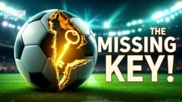 A football with a glowing, jagged crack revealing a golden key sits on the stadium field. Large text on the right reads, “THE MISSING KEY!” Stadium lights shine over a blurred crowd. Smaller text says, “THE SHOW PRESENTED BY EA SPORTS—MLS one thing.”.