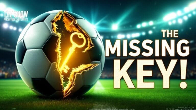 A football with a glowing, jagged crack revealing a golden key sits on the stadium field. Large text on the right reads, “THE MISSING KEY!” Stadium lights shine over a blurred crowd. Smaller text says, “THE SHOW PRESENTED BY EA SPORTS—MLS one thing.”.