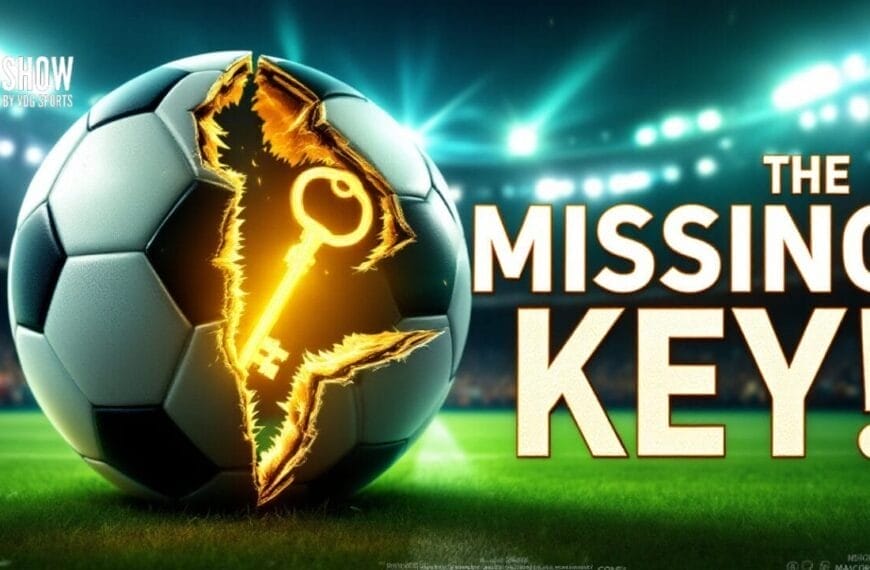A football with a glowing, jagged crack revealing a golden key sits on the stadium field. Large text on the right reads, “THE MISSING KEY!” Stadium lights shine over a blurred crowd. Smaller text says, “THE SHOW PRESENTED BY EA SPORTS—MLS one thing.”.