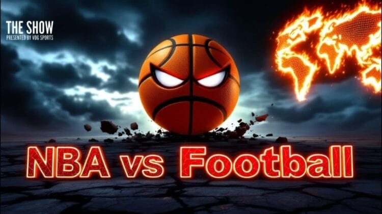 A glowing, angry-faced basketball breaks through the ground under stormy skies—true sports passion on display. On the right, a bright world map glows. Bold red neon text reads “NBA vs Football.” Top left: “THE SHOW PRESENTED BY VOS SPORTS.”.