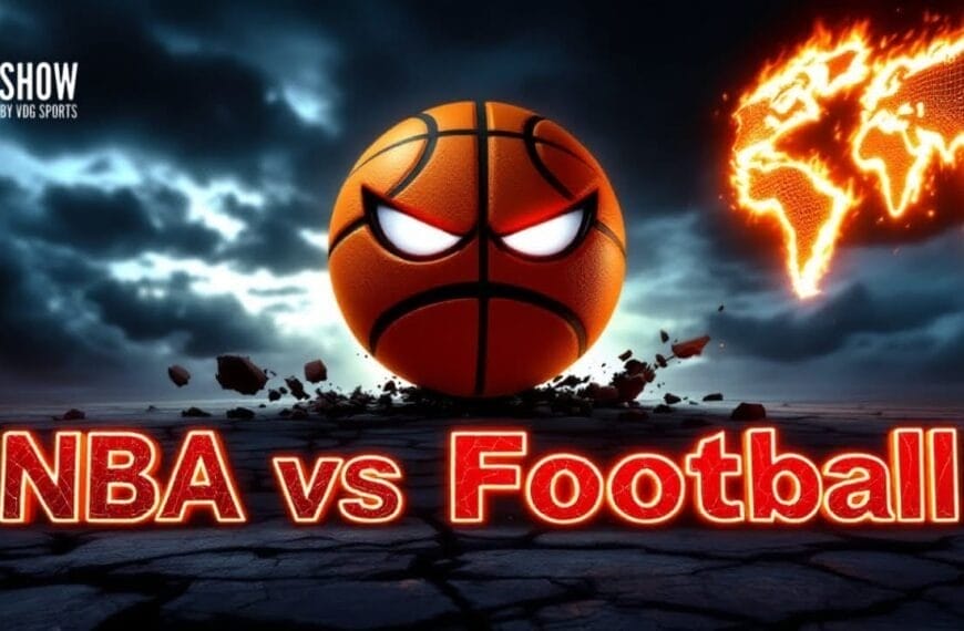 A glowing, angry-faced basketball breaks through the ground under stormy skies—true sports passion on display. On the right, a bright world map glows. Bold red neon text reads “NBA vs Football.” Top left: “THE SHOW PRESENTED BY VOS SPORTS.”.
