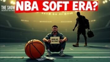 A basketball player sits on a court holding a sign that reads "WHERE ARE THE STARS?" as NBA fans watch. A ball lies beside him while another player walks away. Dramatic, dim lighting and bold text above ask: "NBA SOFT ERA?" capturing shifting sport momentum.