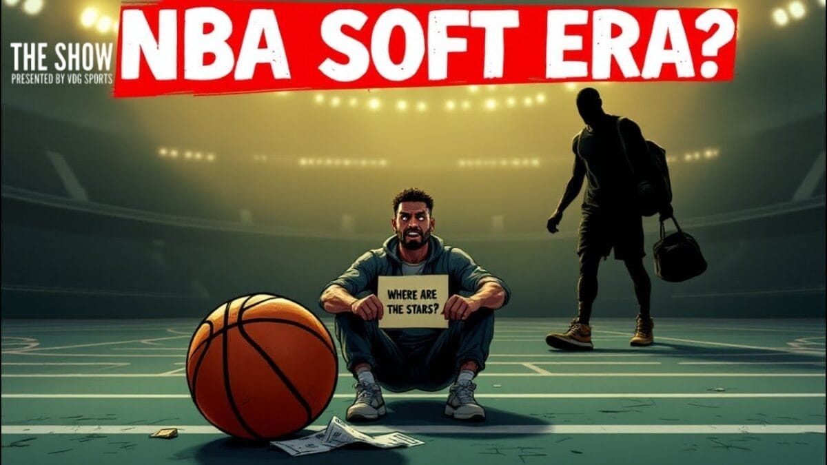 A basketball player sits on a court holding a sign that reads "WHERE ARE THE STARS?" as NBA fans watch. A ball lies beside him while another player walks away. Dramatic, dim lighting and bold text above ask: "NBA SOFT ERA?" capturing shifting sport momentum.