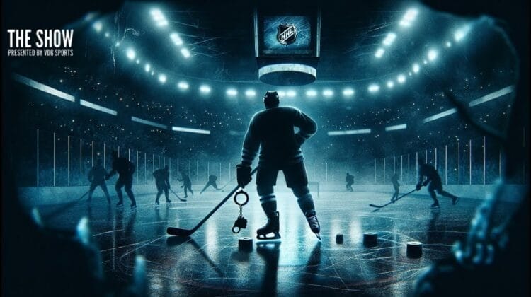 A dramatic, blue-lit NHL hockey arena scene. A hockey player stands center ice holding a stick, facing an audience, with teammates skating around and pucks scattered on the ice. Spotlights shine down, NHL logo overhead. Text reads "The Show.