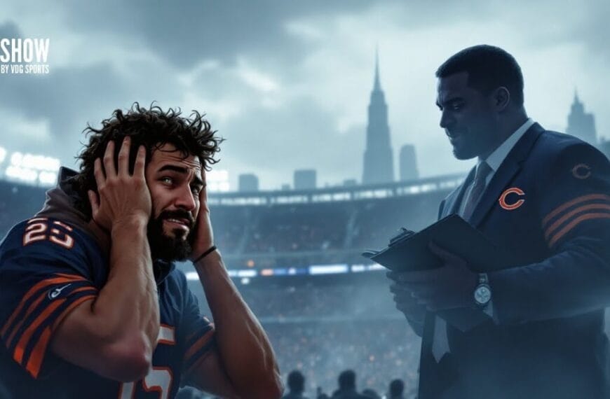 A confident football player in a Chicago Bears jersey covers his ears, looking distressed, as a coach in Bears gear stands nearby with a clipboard. They're in a stadium with a city skyline and cloudy sky. Text reads "THE SHOW.