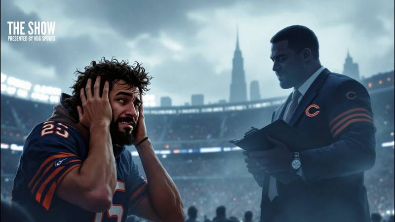 A confident football player in a Chicago Bears jersey covers his ears, looking distressed, as a coach in Bears gear stands nearby with a clipboard. They're in a stadium with a city skyline and cloudy sky. Text reads "THE SHOW.