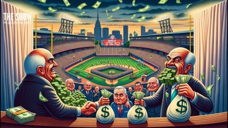 A baseball stadium fills with fans as businessmen in suits exchange bags of cash and handshake in the foreground. Piles of money and flying dollar bills dominate the scene, suggesting corruption or financial dealings. The city skyline and scoreboard are visible in the background.