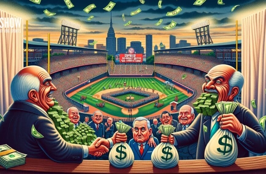A baseball stadium fills with fans as businessmen in suits exchange bags of cash and handshake in the foreground. Piles of money and flying dollar bills dominate the scene, suggesting corruption or financial dealings. The city skyline and scoreboard are visible in the background.
