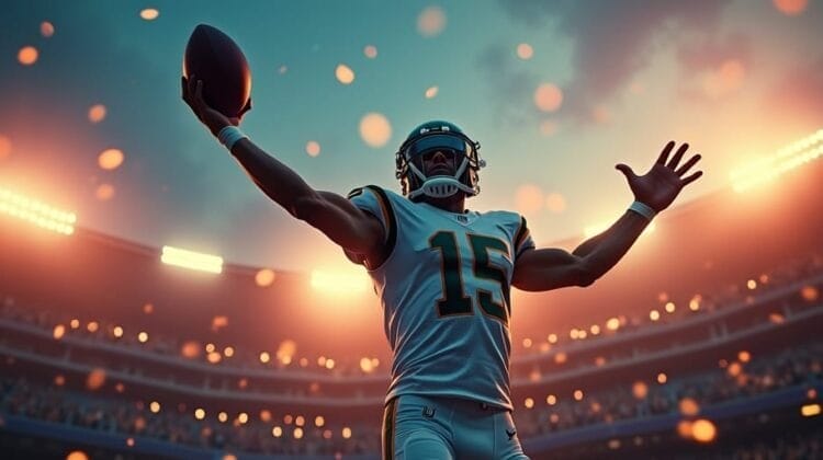 A football player wearing a white uniform with the number 15 raises one arm and holds a ball in the other, celebrating on a brightly lit stadium field as orange confetti falls—capturing the excitement that means the NFL is back.