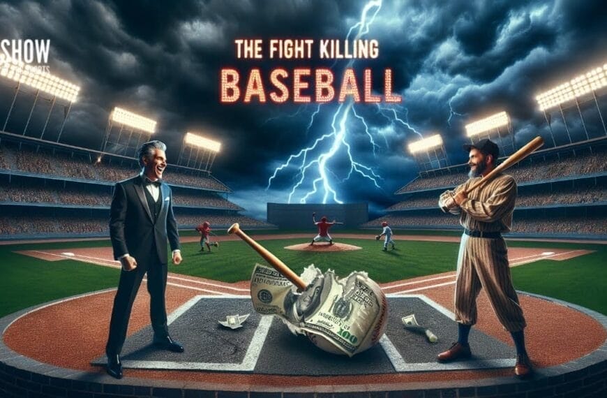 A dramatic baseball stadium scene shows a suited man and a vintage-uniformed player facing off on the field. Stormy skies and lightning loom above. Between them, a baseball bat has smashed a ball made of money. Text reads: “THE FIGHT KILLING BASEBALL.”.