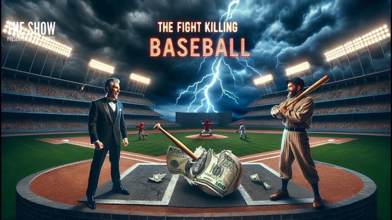 A dramatic baseball stadium scene shows a suited man and a vintage-uniformed player facing off on the field. Stormy skies and lightning loom above. Between them, a baseball bat has smashed a ball made of money. Text reads: “THE FIGHT KILLING BASEBALL.”.