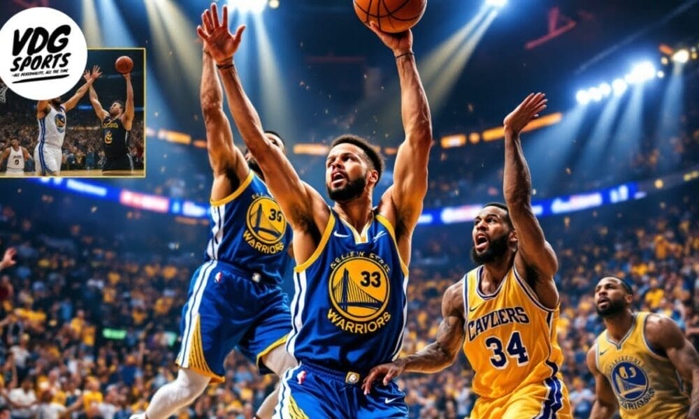 A basketball player in a blue Golden State Warriors jersey, number 33, leaps to shoot during one of the best NBA eras. Two opposing players in yellow and blue Cavaliers jerseys attempt to block. The packed arena glows with spectators and lights. A small inset shows another player.