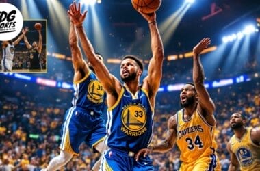 A basketball player in a blue Golden State Warriors jersey, number 33, leaps to shoot during one of the best NBA eras. Two opposing players in yellow and blue Cavaliers jerseys attempt to block. The packed arena glows with spectators and lights. A small inset shows another player.