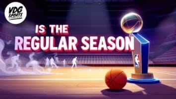A basketball and trophy are on a court with ghostly figures of players, capturing the spirit of the NBA season. Large text reads "Is the Regular Season" in front of empty bleachers. The VDG Sports logo is in the top left corner.