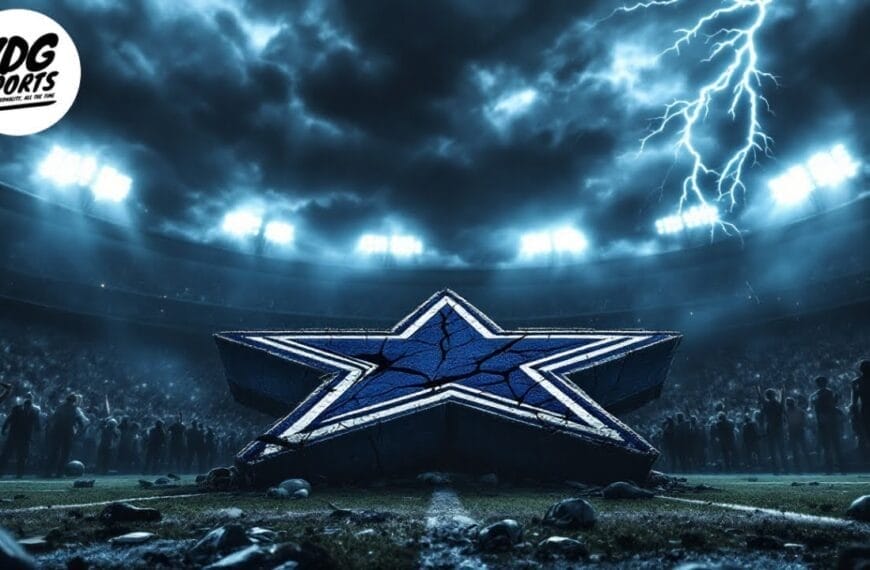 A large star logo sits at the center of a football stadium, home to a popular NFL team, surrounded by a packed audience. The sky is stormy with visible lightning. Stadium lights illuminate the scene. A circular logo with "VDG Sports" is in the top left corner.