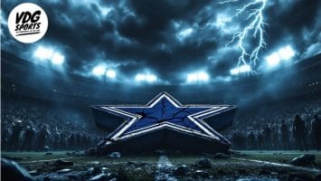 A large star logo sits at the center of a football stadium, home to a popular NFL team, surrounded by a packed audience. The sky is stormy with visible lightning. Stadium lights illuminate the scene. A circular logo with "VDG Sports" is in the top left corner.