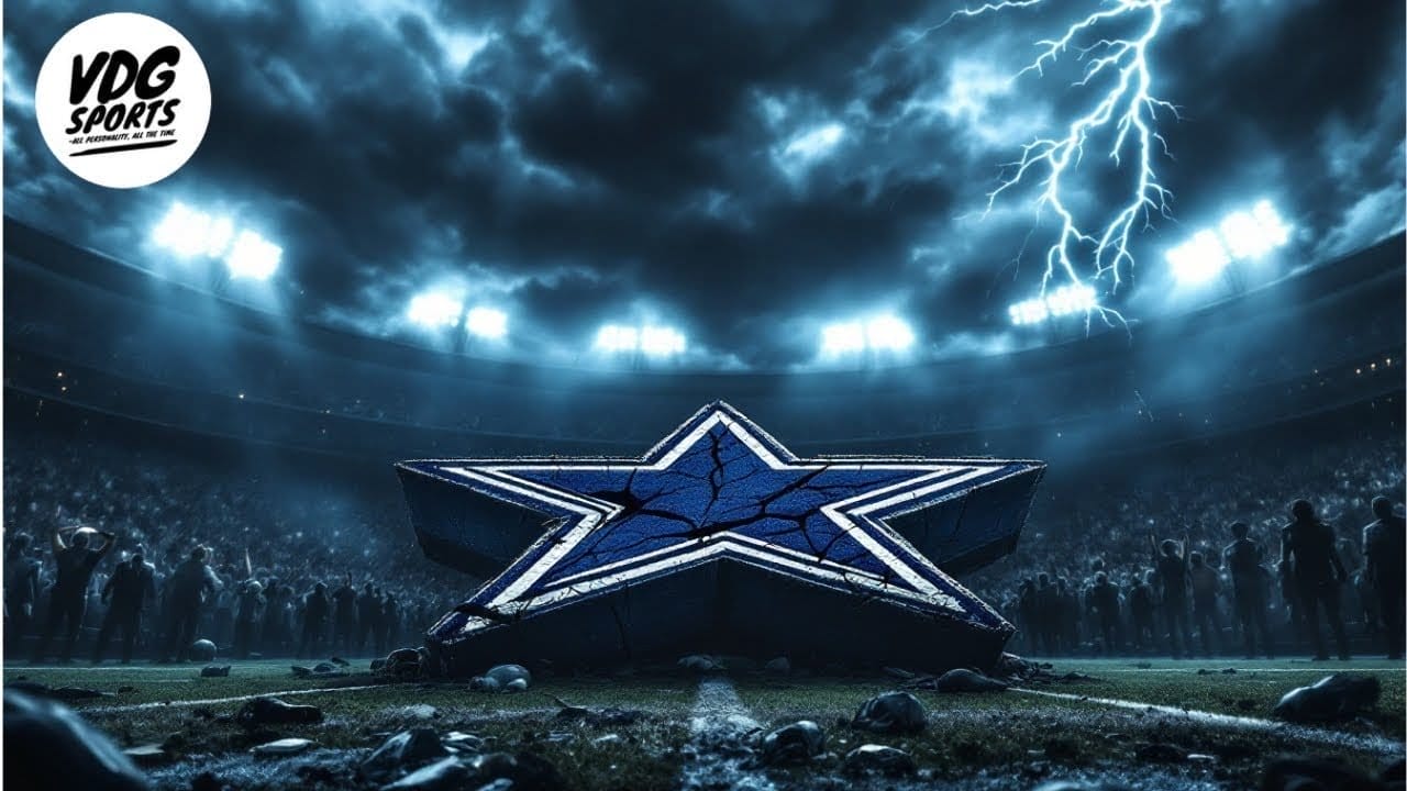 A large star logo sits at the center of a football stadium, home to a popular NFL team, surrounded by a packed audience. The sky is stormy with visible lightning. Stadium lights illuminate the scene. A circular logo with "VDG Sports" is in the top left corner.