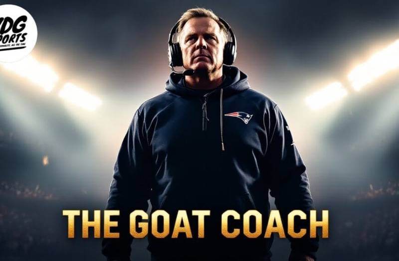 A person stands confidently with a headset in a dimly lit stadium during the thrilling NFL season. They wear a dark hoodie featuring a stylized logo on the chest. Illuminated stadium lights create a dramatic backdrop. Text at the bottom reads "The Goat Coach" in bold, gold letters.