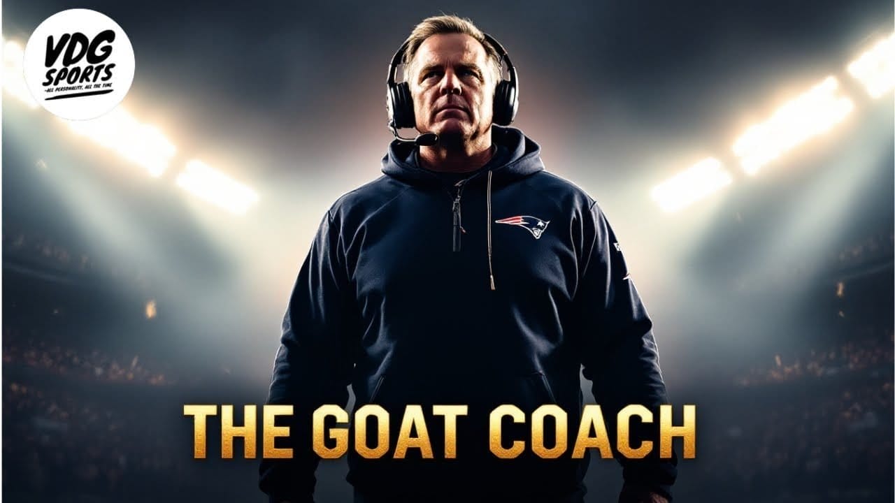 A person stands confidently with a headset in a dimly lit stadium during the thrilling NFL season. They wear a dark hoodie featuring a stylized logo on the chest. Illuminated stadium lights create a dramatic backdrop. Text at the bottom reads "The Goat Coach" in bold, gold letters.