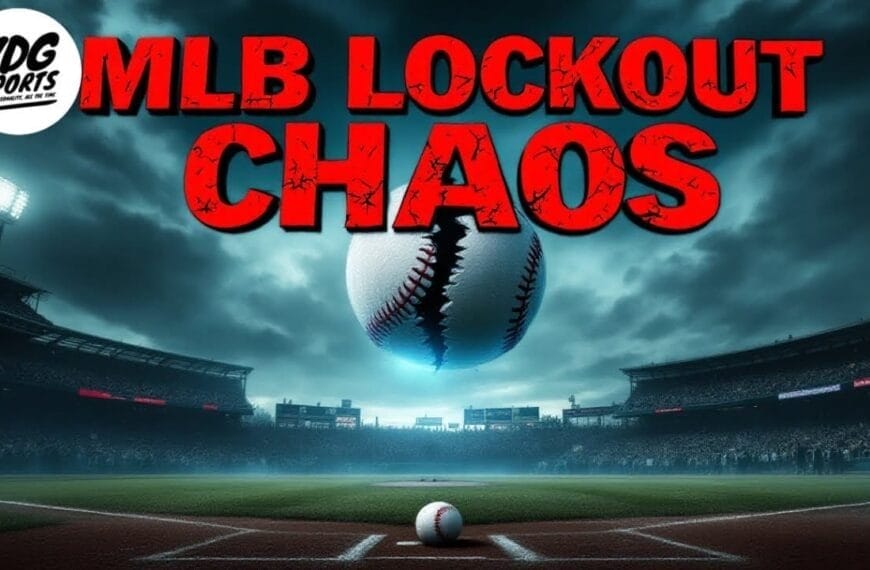 A dramatic MLB stadium scene under moody clouds features a large baseball splitting apart in the center. Bold red text reads “MLB LOCKOUT CHAOS.” The VDG Sports logo appears top left. Agree to disagree: a single ball sits on home plate in the foreground.