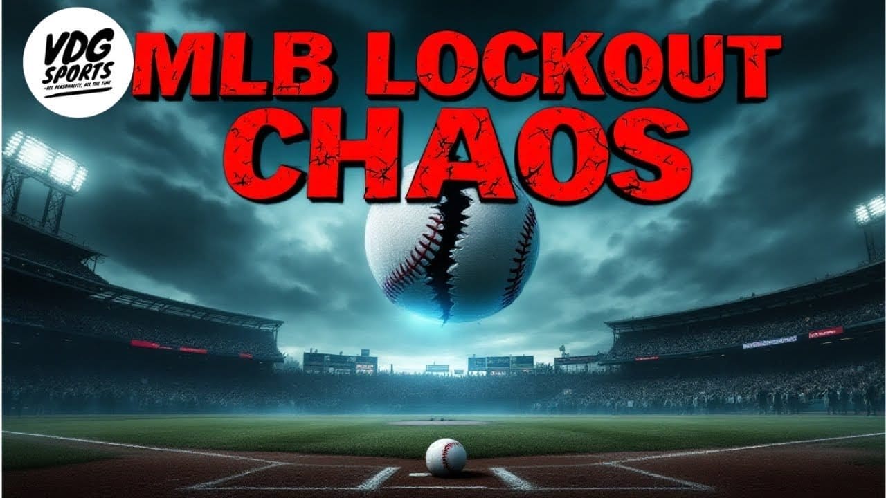 A dramatic MLB stadium scene under moody clouds features a large baseball splitting apart in the center. Bold red text reads “MLB LOCKOUT CHAOS.” The VDG Sports logo appears top left. Agree to disagree: a single ball sits on home plate in the foreground.